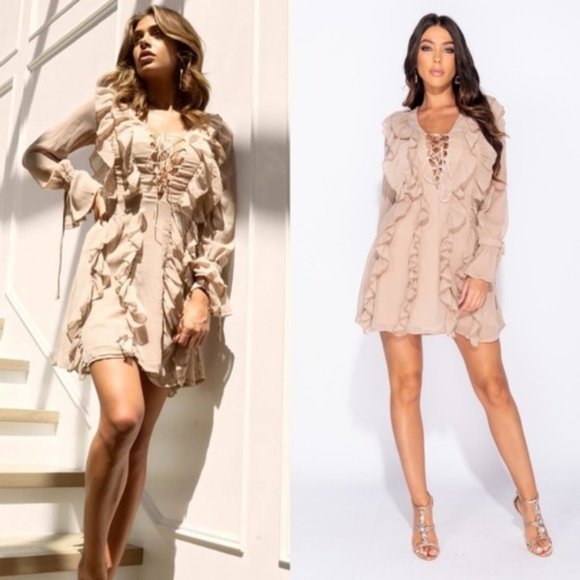 5🌟Lucca Nude Ruffle Tie Front Long Sleeve Dress - Picture 10 of 10